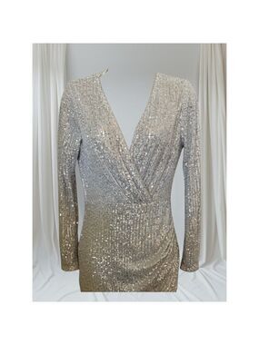Windsor Silver Sequin Long Sleeve Surplice Mini Dress Size L